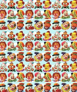 Drucke von Ein faszinierendes Gemälde, das die Kontraste zwischen dem traurigen Hobo und dem fröhlichen Clown in einer einzigen Bildkomposition vereint Pop-Art Drucke: Ein Clown und ein Hobo in einem Gemälde