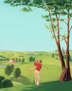 Drucke von Ein Moment der Ruhe und Konzentration - Ein Golfer in einer idyllischen Landschaft, umgeben von Grün und Blumen Pop-Art Drucke: Ein Golfer im Wald