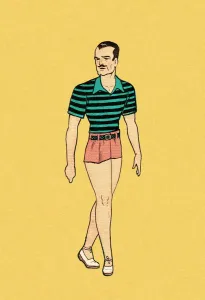 Drucke von Ein Mann in rosa Shorts, der die Aufmerksamkeit des Betrachters auf sich zieht Pop-Art Drucke: Ein Mann in rosa Shorts