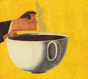 Drucke von Ein Moment der Ruhe inmitten des Chaos: Ein Mann genießt einen riesigen Kaffeebecher, während die Welt um ihn herum weiterdreht Pop-Art Drucke: Ein Mann riecht an einem riesigen Kaffeebecher
