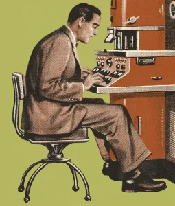 One Person Sitting Drucke: Man Working at a Control Panel