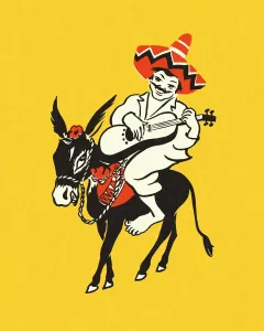 Drucke von Ein mexikanischer Reiter auf einem Burro, umgeben von der Schönheit des Wilden Westens, erzählt eine Geschichte von Abenteuer und Freiheit Pop-Art Drucke: Mexikanischer Reiter auf einem Esel