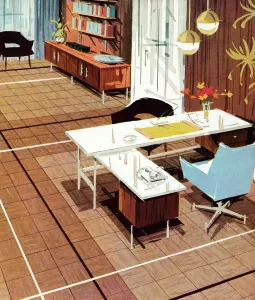 Drucke von Ein atemberaubendes Beispiel für die Ästhetik der 50er Jahre: Ein Büro aus einer anderen Zeit, wo Design und Funktionalität Hand in Hand gehen Pop-Art Drucke: Büroausstellung aus der Mitte des 20. Jahrhunderts
