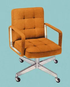 Pop-Art Drucke: Bild eines orangefarbenen Vintage-Stuhls in einem Büro
