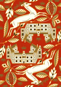 Colorful Background Artwork Drucke: Pattern of a Deer and a Mansion