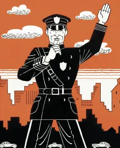 Drucke von Ein Polizist in einer Moment der Ruhe, seine Augen schweifen über die Szene, während er aufmerksam wartet. Seine Haltung ist angespannt, sein Gesichtsausdruck besorgt Pop-Art Drucke: Ein Polizist in Gemäldedarstellung