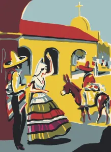 Drucke von In der warmen Nachmittagssonne strahlt die charmante spanische Dorflandschaft, mit ihren engen Gassen und bunten Blumenbeeten Pop-Art Drucke: Bild einer spanischen Dorflandschaft