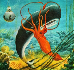 Drucke von Ein Meeresungeheuer in Vollblut: Ein Squid greift einen Wal an, während die Wellen sich um sie herum bewegen. Die Dynamik und Intensität dieser Szene ist atemberaubend Pop-Art Drucke: Ein Squid angreift einen Wal