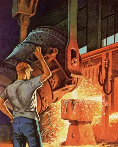 Drucke von Ein eindrucksvoller Blick in die Welt der Industrie: Ein Stahlarbeiter arbeitet konzentriert in einem Fabrikraum Pop-Art Drucke: Stahlarbeiter in der Fabrik