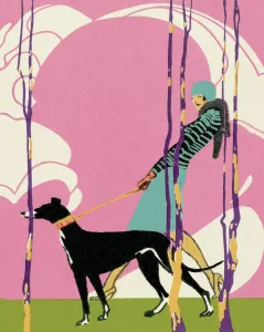 Drucke von In diesem lebhaften und fesselnden Druck mit dem Titel 'Frau geht Greyhound'. CSA-Printstock erfassen in einem einzigen Bild die Essenz von Mode, Haustieren und Frauen Pop-Art Drucke: Frau geht Greyhound.