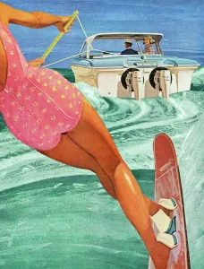 Drucke von Ein Moment der Euphorie: Eine Frau gleitet über das Wasser, ihre Bewegungen flüssig und frei wie die Wellen unter ihr Pop-Art Drucke: Frau beim Wasserski fahren