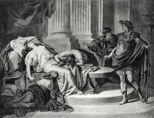 Drucke von Ein Stempel von 1894, der Augustus Caesar und Kleopatra zeigt. Kleopatra ist tot mit einem Schlangen im Handgelenk Cobra Drucke: Kaiser Augustus und Königin Kleopatra