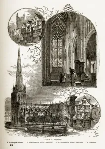 Bristol Landmarks Drucke: Bristol Historic Landmarks in Yorkshire, England Victorian Engraving, Circa 1840