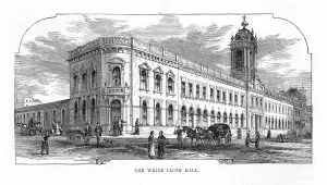 Leeds Drucke: Außenansicht der Weißen Stoffhalle in Leeds, England Viktorianische Gravur