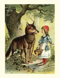 Drucke von Ein altes Farbholzstück von Rotkäppchen und dem Wolf Kinderzimmer Drucke: Rote Kappe und der Wolf