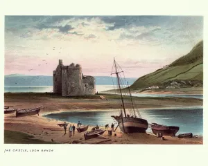 Drucke von Antikes Stichwort des Lochranza Schlosses auf der Insel Arran im Vereinigten Königreich von Skotsland aus dem 19. Jahrhundert Vintage-Poster: Schloss Lochranza, Insel von Arran im Vereinigten Königreich Großbritannien und Nordirland (Skottland)