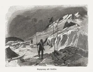 Nansen trifft Jackson im Jahr 1896 an der Kap Flora; Holzstich veröffentlicht 1898