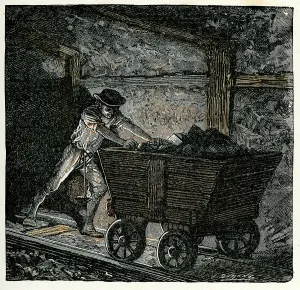 Viktorianischer Kohleberg mit einem Bergwagen