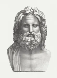 Drucke von 'Zeus - der höchste olympische Gott der griechischen Mythologie. Lithographie nach dem Buste Zeus von Otricoli (Marmor, römische Kopie nach einem griechischen Original, 4) Porträt Drucke: Zeus - oberster Gott der griechischen Mythologie, veröffentlicht ca. 1830