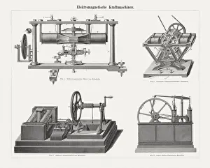 Wood Engravings 1897 Drucke: Electromagnetic power machines, wood engravings, published in 1897