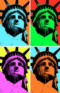 Drucke von Freiheit der Dame im Pop-Art-Stil mit Kombinationsfarben zur Grafikdesign und Illustrierung für Plakate und Werbung Pop-Art Drucke: Lady Liberty Pop Kunst
