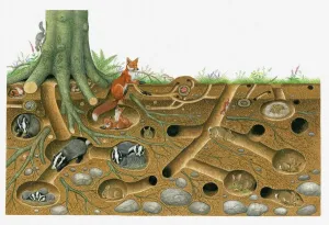 Tunnel Drucke: Illumination von Rotfuchs und europäischer Bärenmensch im Lebens- und Fortpflanzungsbereich eines Stachelschweins mit