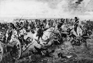 Drucke von 18. Juni 1815: Die schottischen Grauen schießen vorwärts in der Schlacht bei Waterloo, Belgien im Napoleonischen Krieg. (Fotografie von Rischgitz/ Getty Images) Historische Bilder Der Schlacht, Die Die Endgültige Niederlage Von Napoleon Bonaparte Markierte Drucke: Kampfgebiet