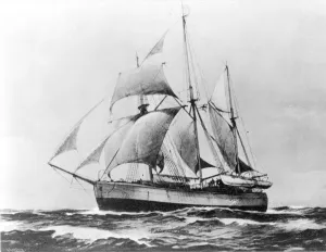 Drucke von Um circa 1895: Die Fram, eine speziell für die große Druckwelle der Polareis konstruierte Polarfahrt. Das Schiff wurde von dem norwegischen Entdecker Fridtjof Nansen (1861 - 1930) bestellt Berühmte Entdecker Drucke: The Fram