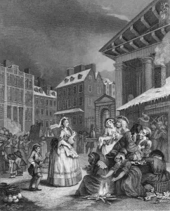 Drucke von Eine Dame macht ihren Weg durch Covent Garden in London, ignoriert die Szenen der öffentlichen Dekadenz, 1736 William Hogarth Drucke: Zeiten des Tages