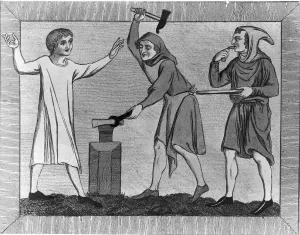 Drucke von Vierteljahrhundert Bauern am Schmiedehammer, um 1200. (Fotografie von Rischgitz/ Getty Images) Bemerkenswerte Und Historische Fotografien Von Menschen Und Ereignissen, Die Augustus Rischgitz Besonders Interessierten Drucke: Mittelalterliche Schmiede
