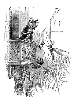 Whimsical Animal Illustrations Drucke: Humanized animals illustrations: Fox on balcony