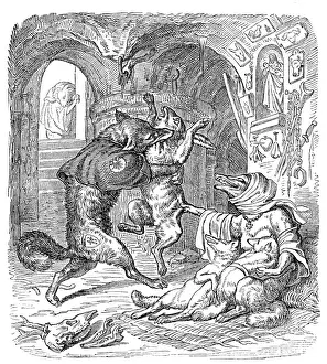 Vintage Inspired Animal Art Drucke: Humanized animals illustrations: Fox killing hare