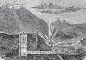 Ein Stromgenerator oder Strommotor am Fluss für den Wasserbedarf von Dörfern auf Hügeln ist Erfindung der Firma Anton Kunz in Maehr und Weisskirchen Deutschland Industrieprodukt aus dem Jahr 1880 Historisch, digitale Wiedergabe einer Originalversion