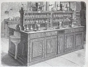 Blick auf einen Arbeitsplatz im Chemie labor der Universität Leipzig. 1888 Deutschland Historisch digitaler Restaurierungsrekonstruktion eines Originals des späten 19 Jahrhunderts