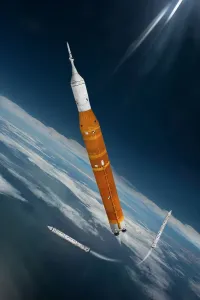 Space Exploration Artwork Drucke: Artemis 1 Solid Space Launch System (SLS) rocket with Solid Rocket Boosters dropping away