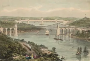 Drucke von Die Menai-Suspensionbrücke wurde von Thomas Telford entworfen und die Britannia-Tubulabrücke von Robert Stephenson zwischen der Hauptinsel Wales und Anglesey gebaut Weltberühmte Brücken Drucke: Kriegsbrücken von Caernarfon