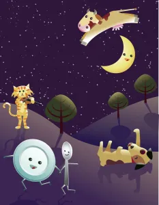 Drucke von Das Szene des klassischen Kinderreims Hey Diddley-Diddley. Der Katze und dem Geige spielte die Kuh sprang über den Mond Kinderzimmer Drucke: Hallo, Hüpfen und Pfeifen