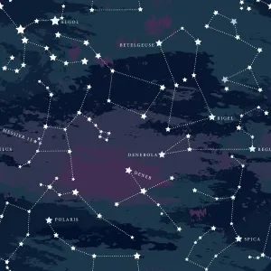Drucke von Ein einfaches, modernes Seamless-Universummuster als Hintergrund mit großen Sternbeschreibungen gegenüber einem Nachthimmel und einer Galaxie Nesophontidae Drucke: Ununterbrochenes Sternbild-Ortungsbild-Nacht-Himmel-Muster