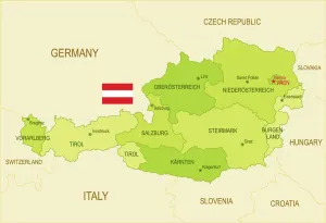 Drucke von Ein flaches Kartenbild Österreichs mit der österreichischen Flagge, ein wertvolles Stück Kartengeschichte Österreich Drucke: Österreich auf einer Karte mit der Nationalflagge