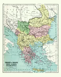 Drucke von Antikes Kupferstich eines alten Kartenbildes Griechenlands und Rumänien und Bulgariens aus dem Jahr 1897 vom späten 19. Jhdt Rumänien Drucke: Alter Kartenbild Griechenlands