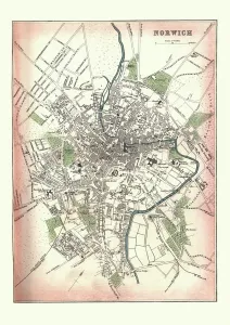 Norfolk Drucke: Alter Kartenbild von Norwich in England, 1880