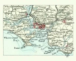 Plymouth Drucke: Alter Kartenbild von Plymouth und Devonport in England aus dem 19. Jahrhundert