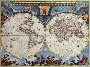 Vintage World Map Drucke: Double Hemisphere Map