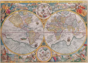 Vintage World Maps Drucke: Double Hemisphere Map