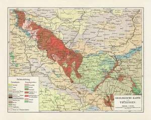 Historical Maps Germany Drucke: Geological map of Thuringia, Germany, lithograph, published in 1897