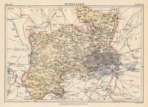 Middlesex Drucke: Karte von Middlesex aus dem Jahr 1883