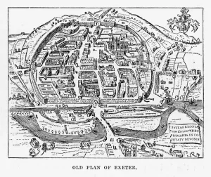 Exeter Drucke: Alter Stadtplan von Exeter im Devonshire