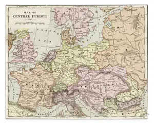 Drucke von Indianaer Bildungsreihe Die vollständige Geographie - Indianapolis 1889 Schweden Drucke: Karte des Zentrumeuropas 1889