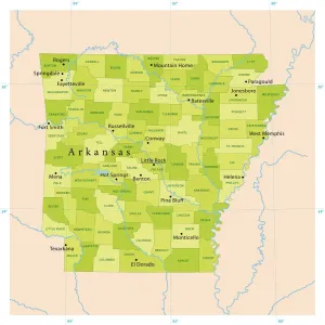 Drucke von Sehr detaillierte Vektorkarte von Arkansas, USA. Das Datei wurde am 12. April 2012 erstellt. Die Farben im eps-File sind für Druck bereit (CMYK). In den beigefügten Files: EPS (v8) und Hi-Bild JPG Arkansas Drucke: Arkansas-Vector-Karte