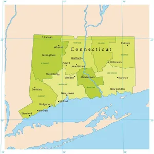 Drucke von Detaillierte Vektorkarte von Connecticut, Vereinigte Staaten. Das Datei wurde am 7. November 2012 erstellt. Die Farben im.eps-Dateityp sind für die Druckbereitung bereit (CMYK) Connecticut Drucke: Die Connecticut-Vector-Karte